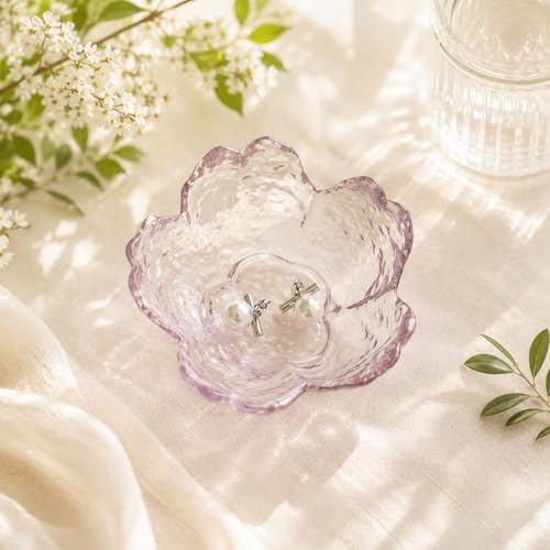 Pink Flower Ring Dish Jewelry Tray,Glass Trinket Dish Bathroom Room Decor Trinket Dish Valentine's Friendship Christmas Birthday Gifts for Women (Beige Pink) - Image 3