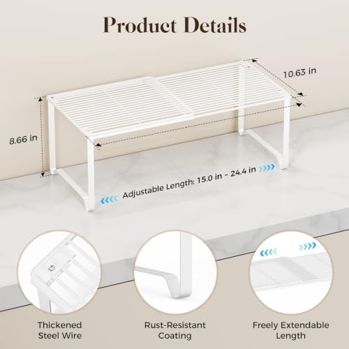 Extendable Metal Wire Shelf Organizer - Adjustable 15-24.4in Length, Stackable Storage Rack for Kitchen/Pantry/Bathroom/Shoe Cabinet/Tool Closet (2, White) - Image 2