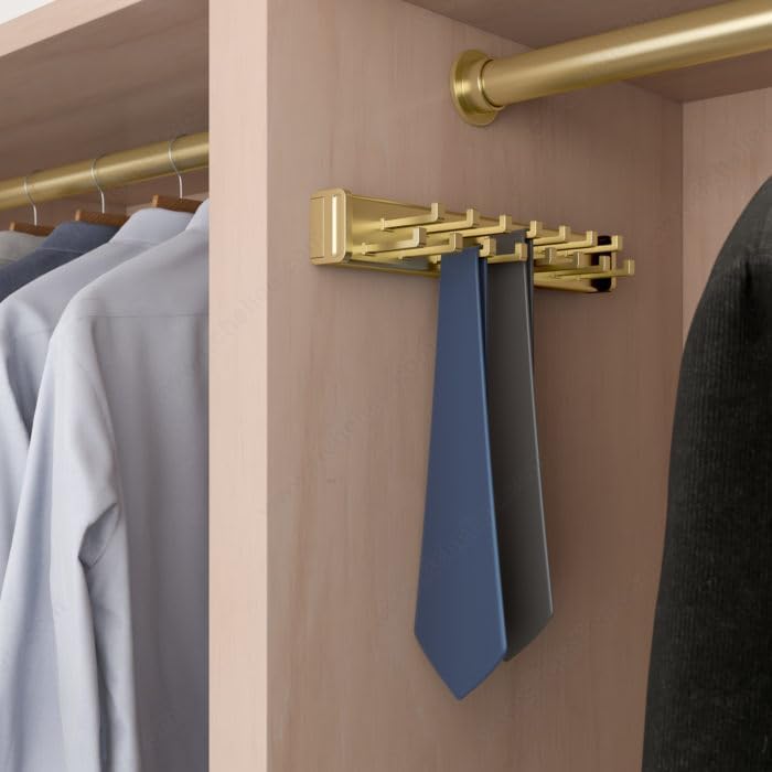 15-Hook Designer Wardrobe Reversible Closet Tie Rack with 11.22 Inch Retractable Pullout Extension (Matte Brass) - Image 2
