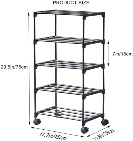 5-Tier Small Shoe Rack with Wheels, Slide-Out Metal Shoe Racks Storage, Anti-Rust Coating, Stackable Design - 16.9W for Entryway, Kitchen, Living Room & Office - Black - Image 3