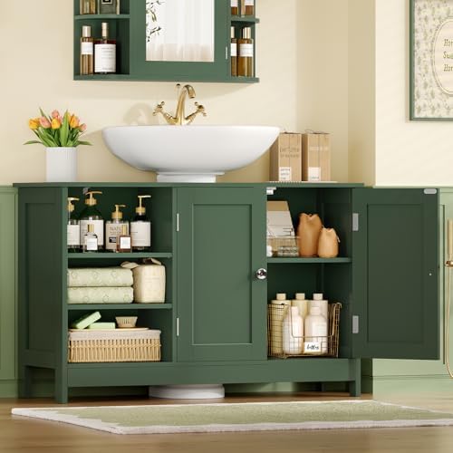 TEENFON 35.4" Pedestal Sink Storage Cabinet with 2 Doors and Adjustable Shelves, Bathroom Sink Cabinet, Under Sink Storage with U-Shape Cut-Out, Green - Image 4