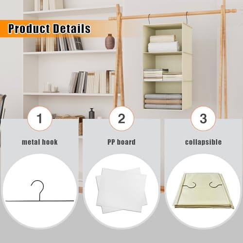 Hanging Closet Organizer 3-Shelf, Oxford Fabric Wardrobe Storage, Beige - Image 6