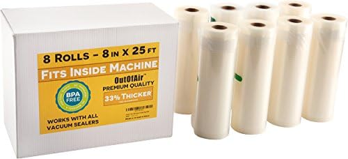 8" x 25' Rolls (Fits Inside Machine) - BULK 8 Pack (200 ft total) OutOfAir Vacuum Sealer Rolls Works With FoodSaver & Other Machines, 33% Thicker BPA Free Sous Vide Commercial Grade Bags by OutOfAirVacuumSealerBags
