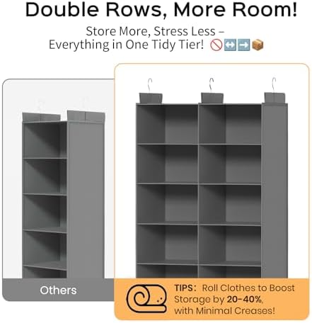 5 Tier Hanging Closet Organizer, Dual Row Wardrobe Storage with Hooks, Grey - Image 3