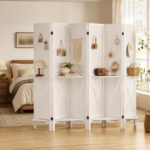6 Panel Pegboard Room Divider with Shelves White by ALeesing