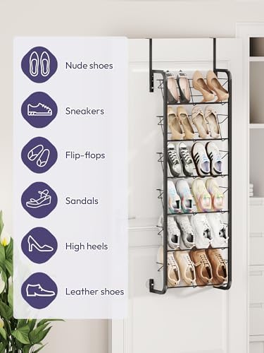 SWTYMIKI Over the Door Shoe Organizer - 6 Tier Wall Mount Shoe Rack for Door Storage- Heavy Duty Metal Hanging Shoes Shelf for Flats, Heels, Sneakers, Boots Black - Image 3