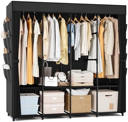 Portable Closet for Hanging Clothes, 67 Inch Wide Portable Wardrobe Closet with Cover, 4 Hanging Rod, Storage Shelves and Side Pockets, Large Free Standing Closet for Bedroom, Black by BRFOYU