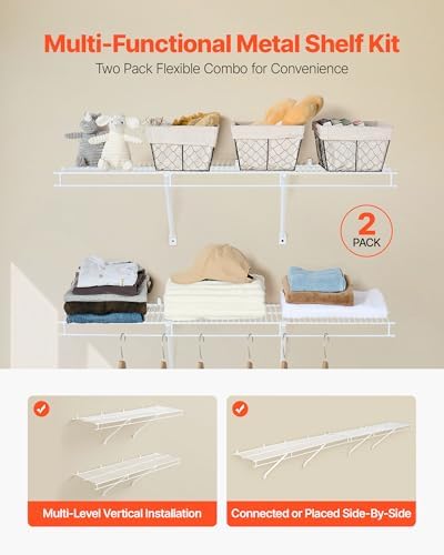 VEVOR Wire Shelf Kit, 4 ft, Set of 2, Wall Mounted Wire Shelves, Heavy-Duty Carbon Steel Hanging Shelf, Floating Wall Storage Shelves with Dip Coating, for Closet, Bedroom, Living Room, Office, Pantry - Image 4