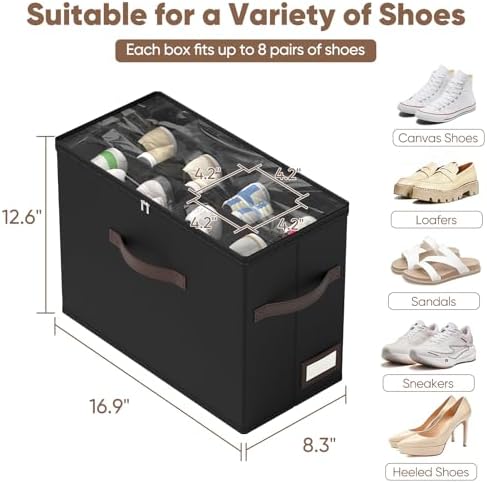 OIAHOMY 4 Pack Shoe Organizer for Closet, Foldable Shoe Storage Bins with Adjustable Dividers, Stackable Oxford Cloth Sneaker Boxes for Entryway Bedroom, Fits Up to 32 Pairs, Black - Image 3