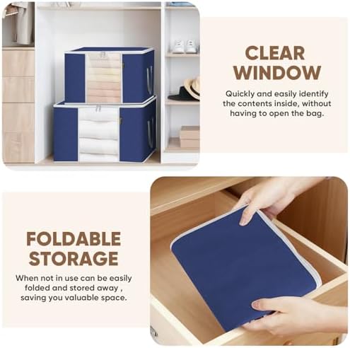 BALEINE 4 Pack Clothes Storage Bags, 16 Gallon Storage Containers with Reinforced Handle, Sturdy Zipper, Closet Organizer for Blanket, Comforter, Pillow, Bedding (Blue, 4 Pack) - Image 4