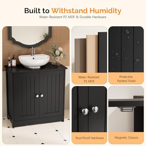 Bonnlo Pedestal Sink Storage Cabinet, 24" Black Under Sink Bathroom Storage Cabinet with 2 Doors and Adjustable Shelf, Traditional Bathroom Space Saver Organizer for Small Spaces, Water-Resistant - Image 7