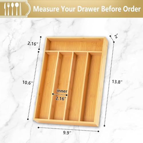 Silverware Organizer, 10 Inch Utensil Organizer Kitchen Drawer Organizer Bamboo Silverware Holder Cutlery Tray Organizer in Drawer Flatware Organizer Tray(5 slots, Natural - Image 2