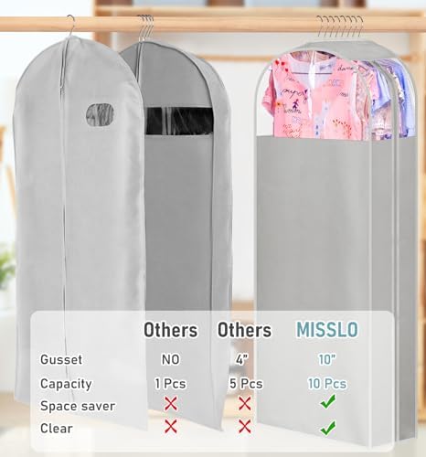 MISSLO 10" Gusseted Garment Bags for Hanging Clothes 40"+50" Clear Suit Bags for Closet Storage Dress Bag for Gowns Long Coat Protector, 3 Packs, Grey - Image 3