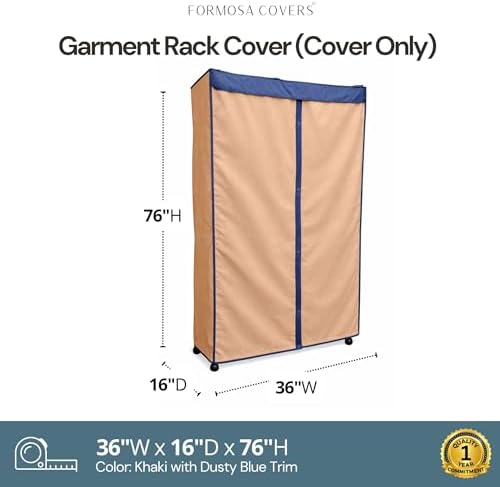 Formosa Covers Portable Garment Rolling Rack Cover - Protect Your Clothes from Dust Keep Your Room Looking Organized (Cover Only) (Beige Khaki with Dusty Blue Trim, 36" W x 16" D x 76" H) - Image 2
