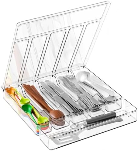 Yieach Clear Silverware Organizer with Lid - 12 inch Wide - Large Silverware Drawer Organizer & Tray and Utensil Drawer Organizers with Lid,BPA Free Plastic Flatware Drawers Organizers for Fork,Spoon by Yieach