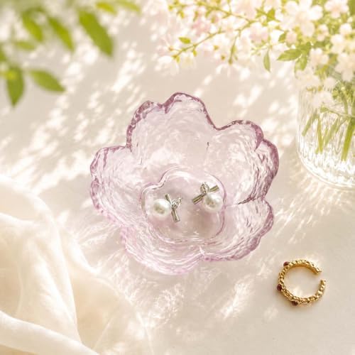Pink Flower Ring Dish Jewelry Tray,Glass Trinket Dish Bathroom Room Decor Trinket Dish Valentine's Friendship Christmas Birthday Gifts for Women (Beige Pink) - Image 6