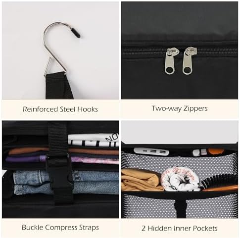 Surblue Hanging Closet Storage Bag Collapsible 3-Shelf Washable Oxford Fabric with 2 Hooks (L 11.41 * 11.41 * 19.68in, Black) - Image 6