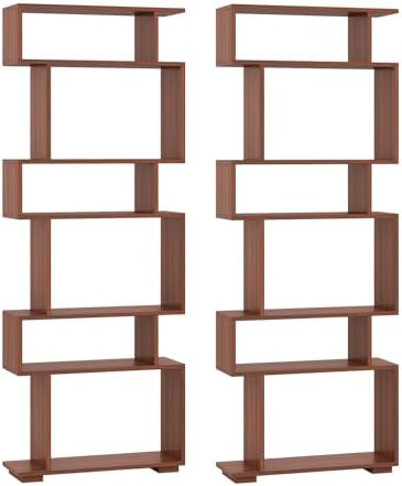 6 Tier S Shaped Bookshelf, Wood Geometric Bookcase, Modern Room Divider and Display Shelf, 64" Tall Staggered Bookshelf for Bedroom Living Room Office Study (2, Walnut) - Image 7
