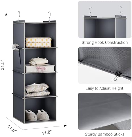 YOUDENOVA Hanging Closet Organizer and Storage for Clothes, 4-Shelf, Grey - Image 3