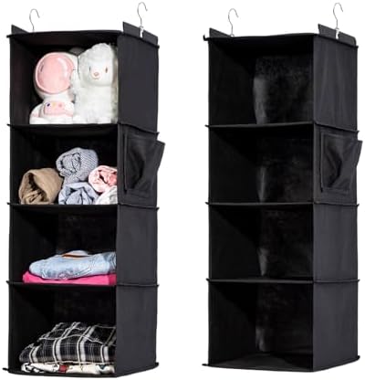 2 Packs Hanging Closet Organizer, 4-Shelf Closet Organizers and Storage with Side Pockets, Collapsible Hanging Shelves for Closet & RV & College Dorm,Black by WelcometoYRCBEHFU