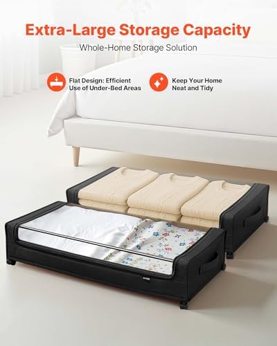 VEVOR Under Bed Storage with Wheels, 30.3 x 18.5 x 6.8 inch, Underbed Containers with Clear Lid, Underbed Shoe Organizer, Rolling Under the Bed Storage Bins for Clothes Shoes Blankets Bedroom, 2 Pack - Image 2