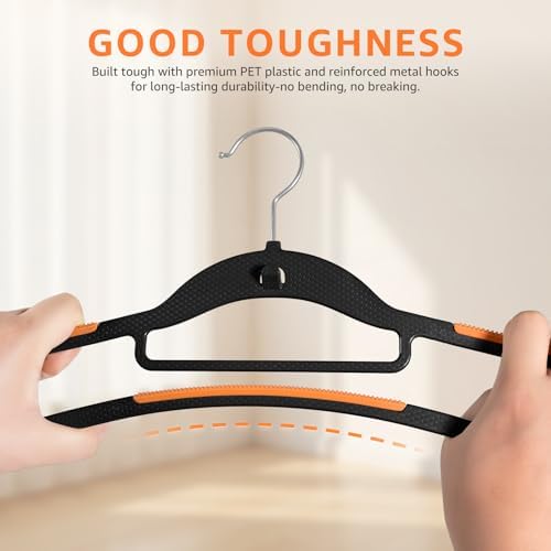 Yolife Cascading Plastic Clothes Hangers 20 Pack with Inner Hook for Vertical Storage, Slim Space Saving Hangers with Non-Slip Pads, 360° Swivel Metal Hook, Versatile, Black & Orange - Image 6