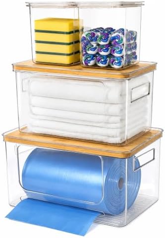 Trash Bag Organizer Under Sink Storage, 4 Piece Stackable Clear Storage Bins with Bamboo Lids, Fits 13/30/33 Gallon Bags, Organizer for Laundry Pods, Dishwasher Pods, Kitchen Pantry by Cosmoharbor