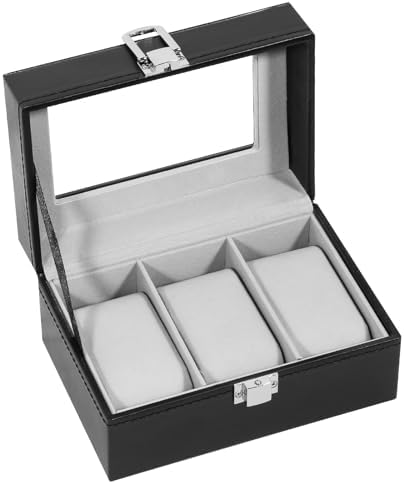 Uten 3-Slot Watch Box, PU Leather Watch Case with Glass Lid by UTENHOMEGOODSCENTER