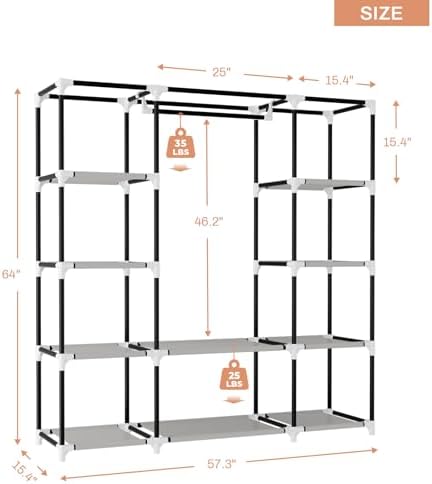 VTRIN Portable Closet Wardrobe for Hanging Clothes 57.3 Inch Large Capacity Clothes Rack with Cover, 10 Storage Organizer Shelves, 1 Hanging Rods and 6 Pockets, Free Standing Closet, White - Image 3