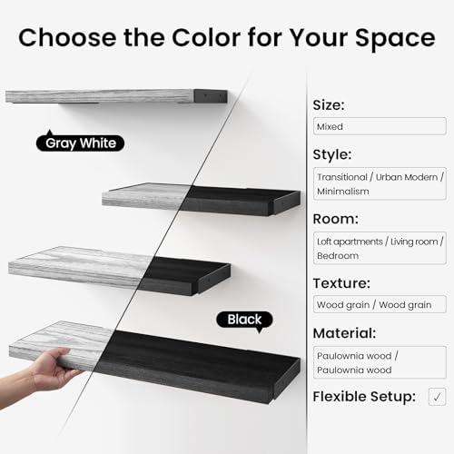 BAYKA Wall Shelves for Bedroom Decor, Wood, Gray White, Set of 4, 16in - Image 6