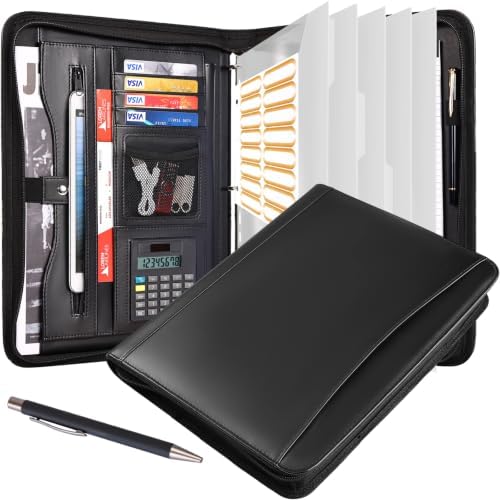 Eshow Portfolio Organizer - 3 Ring Binder with Zipper, Vegan Leather Business Padfolio Folder with Notepad Includes 5 Clear Sheet Protectors for Documents Files for Men Women by Eshow