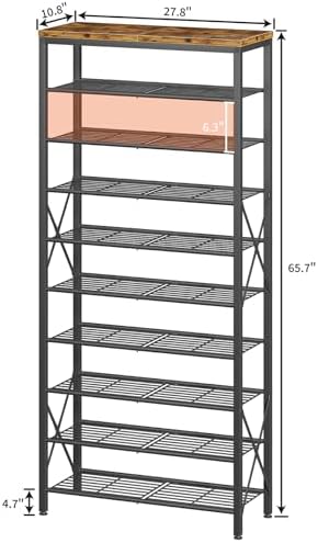 10-Tier Shoe Rack Holds 40 Pairs, Space Saving Shoe Organizer for Entryway Closet Apartment, Industrial Metal Shoe Shelf with Wooden Top, Rustic Brown - Image 3
