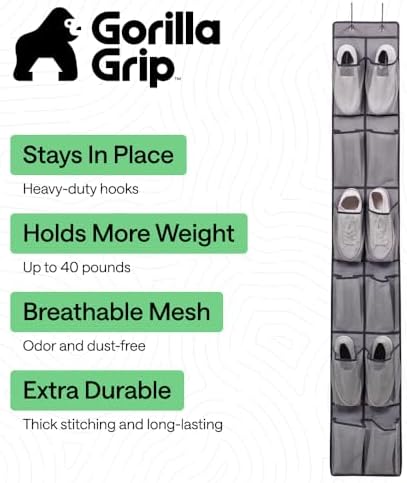 GORILLA GRIP Over the Door Shoe Organizer, 12 Large Pockets, Gray - Image 2