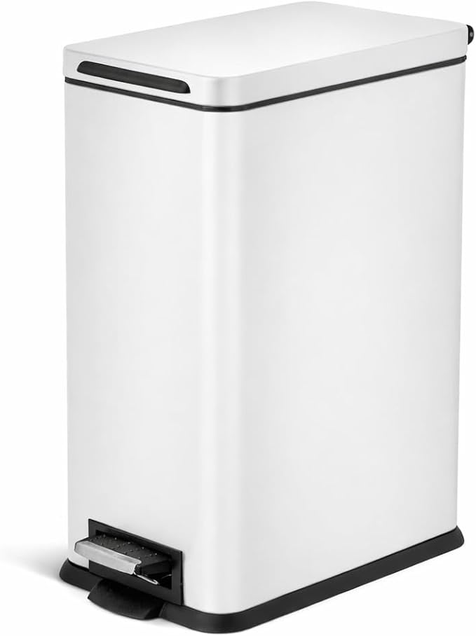 Home Zone Living 8 Gallon Slim Kitchen Trash Can with Soft Close Lid, Step Pedal, Bag Tuck Band, and Removable Liner, Stainless Steel, Matte White, 30 Liters