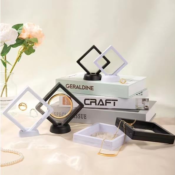 12PCS 3D Floating Frame Display Stand, Jewelry Box, Gift Box, Ornament Organizer, Small Travel Jewelry Box, PE Film Anti-Oxidation, Suspended Display Box Stackable (White, Round Stands)