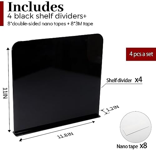 ROUFA Clear Shelf Dividers, 4Pcs Acrylic Closet Dividers Fit for Any Thickness of Shelves, Multi-Purpose Wood Shelf Separators for Bedroom, Kitchen, Office, Bathroom, 11.8''x11'' (Black) - Image 4