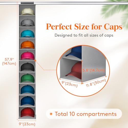 Lifewit 10 Section Hanging Hat Organizer for Baseball Caps, Gray, 1 Pack - Image 2
