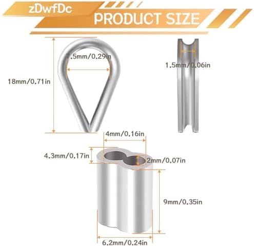 150PCS 1/16" Wire Rope Aluminum Crimping Loop Sleeves and M1.5 304 Stainless Steel Wire Rope Cable Thimbles DD041-1/16 - Image 2