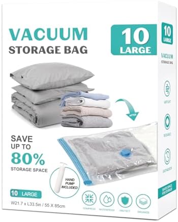 10 Pack Large Space Saver Vacuum Storage Bags Large Seal Bags for Bedding Compression Bags for Travel Comforters Blankets Bedding Pillows Luggage Hand Pump Included by ZOESTORAGE