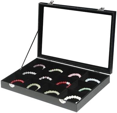 Coward Jewelry Organizer Box, Black Velvet 12 Grids Bracelet Bangle Necklace Jewelry Display Tray Case with Transparent Glass Lid for Home Drawer Desk or Store Selling Show by FocusOnJewelryDisplay15yrs