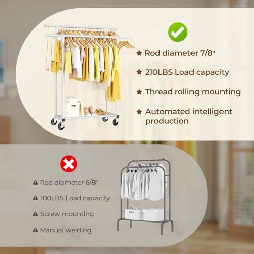 HYSEYY Double Rods Clothes Rack, Rolling Clothing Rack for Hanging Clothes Portable Wardrobe Rack, Metal Garment Rack Sturdy Coat Rack for Bedroom Laundry Living Room, White - Image 5