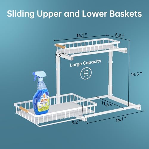 Delamu Under Sink Organizer 2 Pack, Pull Out Cabinet Organizer for Kitchen Sink, 2 Tier Metal Slide Out Shelf Caddy for Bathroom Storage, 5 Adjustable Heights for Pantry & Laundry Room, Cream - Image 4