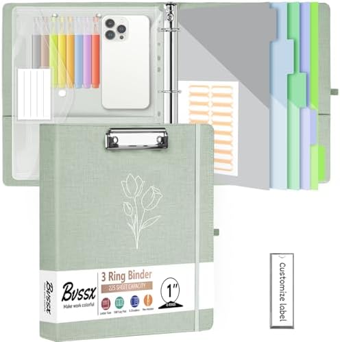 1 Inch 3 Ring Linen Binder Organizer, BVSSX Three Ring Binders with Clipboard, Plastic Folder, 5-Tabs Pocket Dividers with Sticker Labels, Pen Loop, Elastic Strap (Sauge, Letter Size) by BVSSX