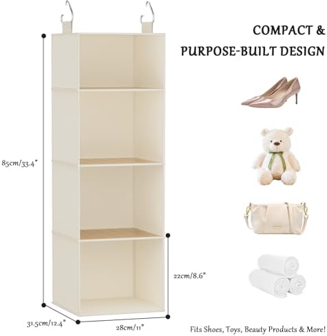 Hanging Closet Organizer and Storage with Bamboo Shelves - Foldable Storage for Clothes, Towels, Accessories | Space Saving, No Assembly Needed (Beige) - Image 3
