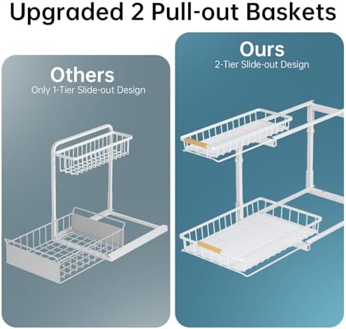 Delamu Under Sink Organizer 2 Pack, Pull Out Cabinet Organizer for Kitchen Sink, 2 Tier Metal Slide Out Shelf Caddy for Bathroom Storage, 5 Adjustable Heights for Pantry & Laundry Room, Cream - Image 5