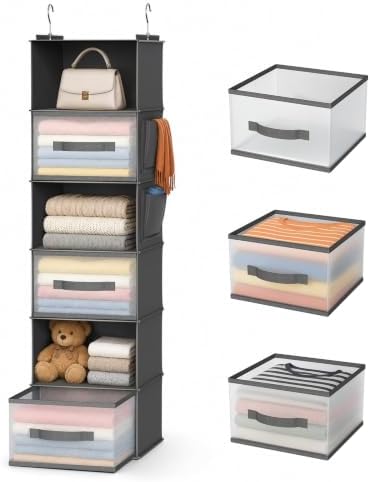 6-Shelf Hanging Closet Organizer with 3 Drawers & Side Pockets, Gray by BIEBOS