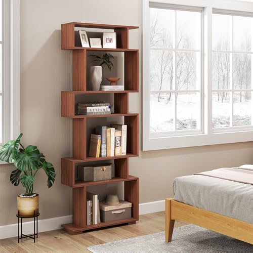 6 Tier S Shaped Bookshelf, Wood Geometric Bookcase, Modern Room Divider and Display Shelf, 64" Tall Staggered Bookshelf for Bedroom Living Room Office Study (2, Walnut) - Image 6