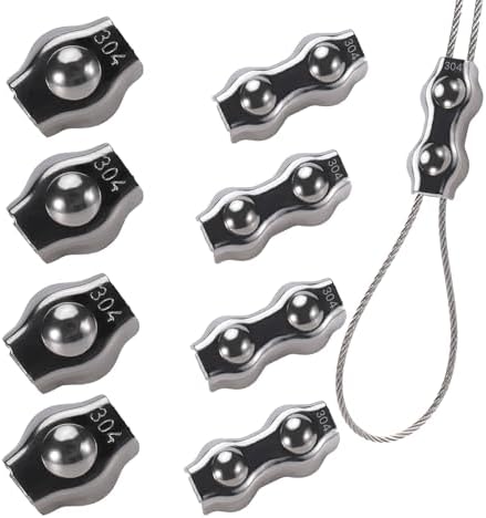 8Pcs 1/8 Inches M3 Cable Clamps, 4 Pcs Duplex Double Bolt Cable Clamps + 4 Pcs Simplex Single Bolt Wire Rope Clips for 1/8Inch (1.5mm-3mm) Diameter Wire Cable/Wire Rope, Wire Clamp Tool for Outdoors by GoalMad