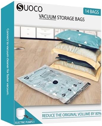 Vacuum Seal Bags for Clothing Travel and Home Storage, Travel Vacuum Bags with Electric Pump, Space Saver packing compression for Blankets Comforters Pillows Clothes, 14 Combo by SUOCO