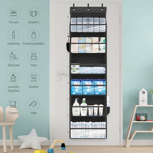 Over Door Organizer with 6 Extra Large Pockets 12 Side Pockets, Sturdy Closet Storage Rack, Hanging Storage Organizer with Clear Window for Shoes, Diaper, Bedroom, Bathroom, Black, 3-Pack - Image 7